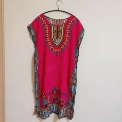 アフリカンプリント ノースリーブワンピース ロングワンピース 濃いピンク