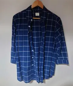 美品 Right-on バックナンバー チェック 七分袖 シャツ 綿 ブルー L