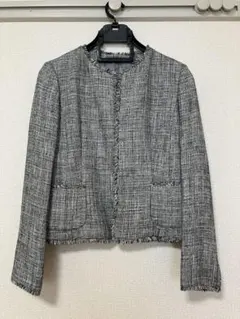 ノーカラーグレージャケット フリンジ仕上げ