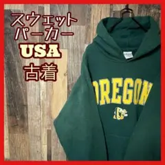 メンズ パーカー カレッジロゴ グリーン M 古着 90s 長袖 スウェット