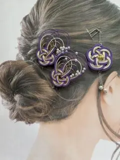 《セットでお得》和装　髪飾り　水引アクセサリー　かんざし　ヘアピン　紫×ゴールド