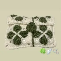 ハンドメイド　編み物　ブックカバー　ブックケース マルチポーチ クローバーレトロ