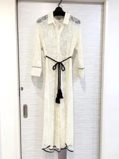 SNIDEL ワンピース　ロング　総レース　ホワイト　腰リボン　長袖　半袖　F