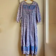 アンティーク ビンテージ 70s ドレス ロング 長袖 ワンピース 希少 美品 古着 アンティーク ビンテージ 80s 青 黒 花柄 ドレス