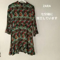 ZARA 花柄ワンピース 七分袖 サイズL