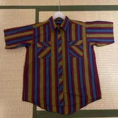 vintage レトロ 総柄 マルチストライプシャツ 半袖 古着 派手柄 個性派 