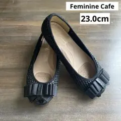 Feminine Cafe リボン付きブラックオープントゥフラットシューズのサムネイル