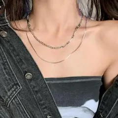 2連ネックレス ステンレス アクセサリー シンプル シルバー チェーン 男女兼用