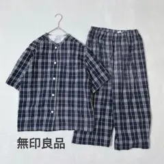 無印良品 パジャマセット M ネイビーチェック 綿100 半袖 ハーフパンツ