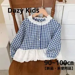 【新品】チェック柄 フリルトップス レース 襟付き 韓国風 春 90~100㎝