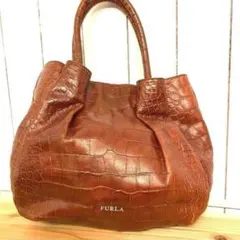 ♯316 定番FURLAクロコ型押しレザートートバッグ 茶色裏地ドット柄 A4○
