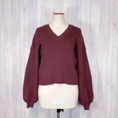 【EMODA】長袖ニット セーター ボリューム袖 Vネック クロップド丈