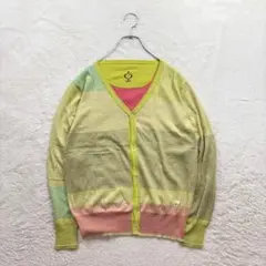 サイドスロープ/M相当/黄緑/配色ボーダー/Vネック/カーディガン/薄手/春のサムネイル