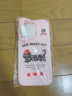 ♡ iPhone 14 Pro ケース 黒猫デザイン ストラップ付き　♡
