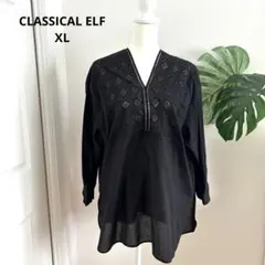 【クラシカルエルフ】Vネックシャツ　トップス　レース　黒　XL 透け感