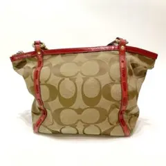 Coach コーチ トートバッグ ベージュ レッド キャンバス シグネイチャー