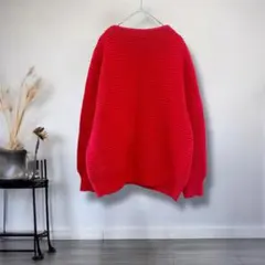 ディスコート◎横リブデザイン　レッドニットハイネックセーター　赤M