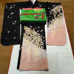 振袖６点セット(バッグ、草履無料)　黒に桜、金彩の振袖