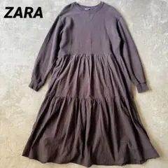 ZARA ティアードロングワンピース コットン ブラウン フレア レディース