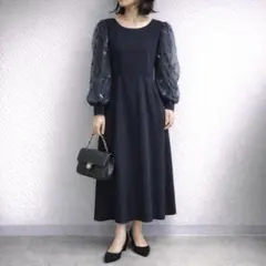 エメリーローズ［M］新品◎大人エレガント◎パワショル◎チュール袖ロングワンピース