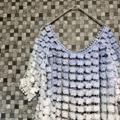レディースブラウス　透かし編み半袖　オフショルダー グラデーションニット
