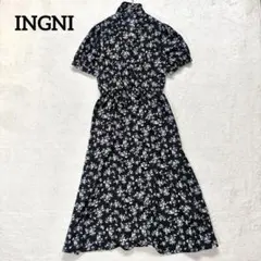 KOHSEI 小花柄ロングワンピース 半袖 シアー襟 日本製 40 黒 大人上品 
