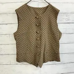 日本製 レトロ柄 ベスト マスタード ブラック レディース L 秋冬 重ね着