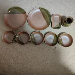 陶器製食器セット 8点 ブラウン・グリーン