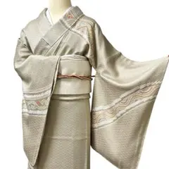 AA73愛華 着物 訪問着　箔　絞り　葉正絹 着物 仕付け糸　美品
