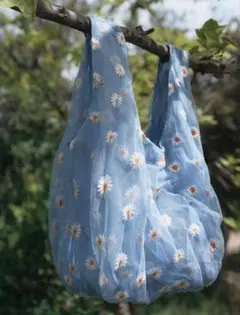 【美品】ZARA 刺繍入りチュールバッグ デイジーオーガンジーバッグ エコバッグのサムネイル