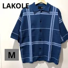 ラコレ　ポロシャツ　チェック　ニット　半袖　ブルー　青　メンズ　レディース