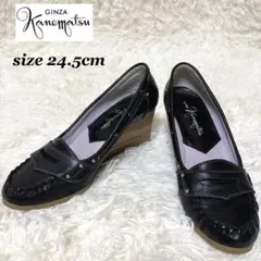 美品 銀座かねまつ パンプス レザー24.5cm ウッドソール ブラック