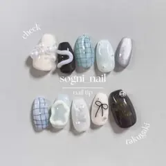 ［60］ネイルチップ　チェックネイル　個性派ネイル　ブルーネイル　うるうるネイル