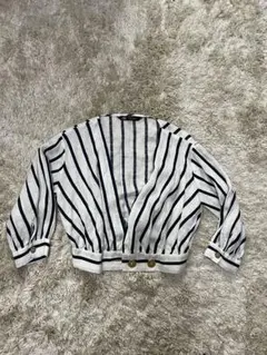 ほぼ新品ZARAストライプ 柄五分袖シャツ ゴールドボタンXS 麻素材ブラウス