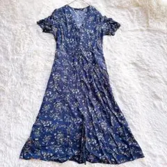 美品　ユニクロ フレアワンピース 花柄 シャツワンピース ネイビー ハイウェスト