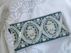 大人可愛い インド刺繍×ヌビ フラットポーチ ハンドメイド（A599