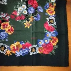 LANVIN　大判ショール　イタリア製　花柄　深緑　グリーン　ウール100%