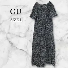 ジーユー　ロングワンピース　花柄　半袖　Vネック　ゆったり　春夏　ブラック　L