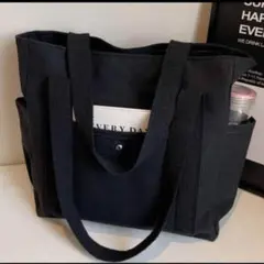 トート マザーズ エコ バッグ ブラック キャンバス シンプル 肩掛け A4 黒