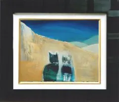 油絵 菅家令子絵 絵画インテリア額付(淡い銀青緑)F3-072819子猫犬女の子 油絵 菅家令子 絵 絵画インテリア額付(青緑＋金色の枠)F6-071019 猫犬