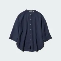 【UNIQLO】リネンブレンドバンドカラーシャツ（7分袖） ネイビーXLサイズ