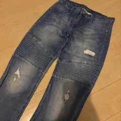 デニムブルー ダメージ加工 ロングパンツ