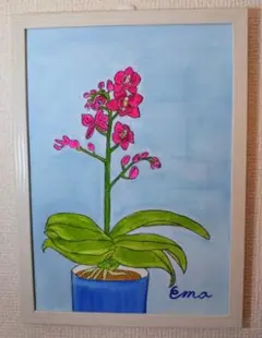 水彩画　欄　原画　花　絵画　インテリア　かわいい花の絵　やさしい　水色