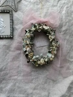ドライフラワー　リース　Tulle　くすみ　ピンク　ribbon