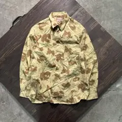 7BS2 総柄　長袖シャツ　コットン　英字　個性的　L ベージュ　古着used
