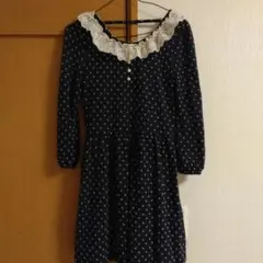 Auntie Rosa ネイビー ドット柄 膝丈ワンピース