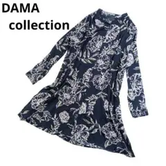 美品 DAMA collection ネイビー 花柄 長袖 シャツワンピース L