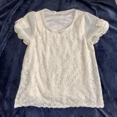 prime pattern 袖リボン花柄刺繍レースビジューシフォンブラウス M