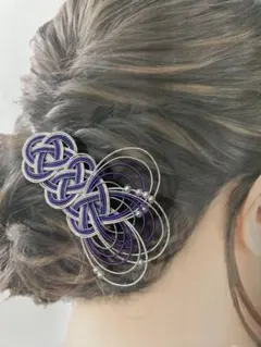 あわじ結びのヘアクリップ　髪飾り　水引アクセサリー　紫×ブルー×ホワイト