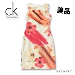 【美品】カルバンクライン 花柄 ノースリーブワンピース 膝丈 総柄 4/M相当